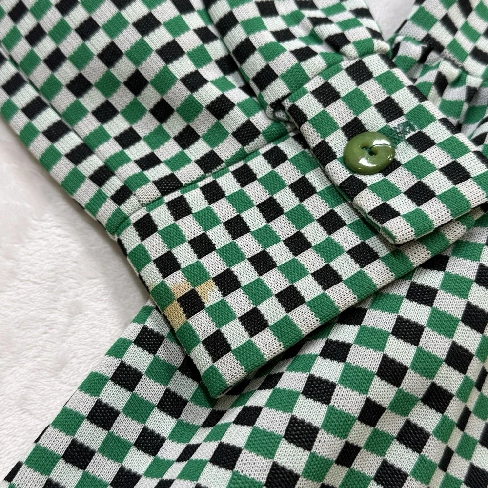 Vintage 70s Checkerboard Midi Dress Green Black Mod Disco Retro Boho - Picture 15 of 16